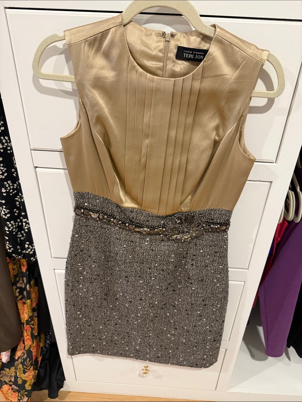 Teri Jon Gold Satin & Gray Beaded Waist Cocktail Dress
